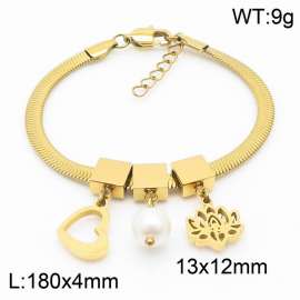Gold Color Heart Pearl Lotus Flower Pendant Chunky Chain Stainless Steel Bracelets For Women