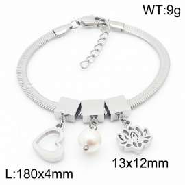 Silver Color Heart Pearl Lotus Flower Pendant Chunky Chain Stainless Steel Bracelets For Women