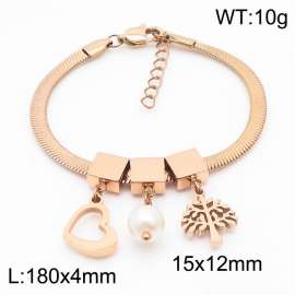Rose Gold Color Heart Pearl Tree Pendant Chunky Stainless Steel Chain Bracelets For Women