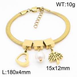 Gold Color Heart Pearl Tree Pendant Chunky Stainless Steel Chain Bracelets For Women