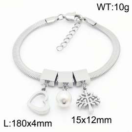 Silver Color Heart Pearl Tree Pendant Chunky Stainless Steel Chain Bracelets For Women