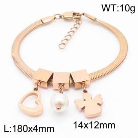 Rose Gold Color Heart Pearl Angel Pendant Chunky Chain Stainless Steel Bracelets For Women