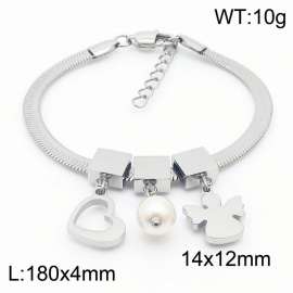 Silver Color Heart Pearl Angel Pendant Chunky Chain Stainless Steel Bracelets For Women