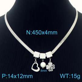 450mm Women Snake Bone Chain Necklace with Pearl&Love Heart&Clover Pendants