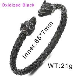 Mens Wolf Head Bracelet Steel Braided Cable Bangle Cuff Bracelet Polished, Adjustable Oxidized