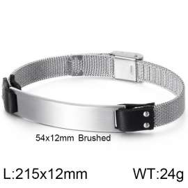 Steel Color Black Leather Curved Strap Adjustable Bracelet