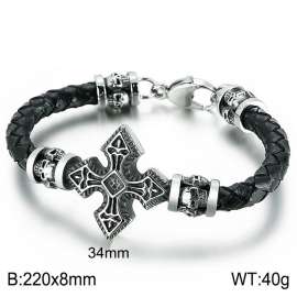 Oxidized Cast Skull Cross and Lobster Clasp Leather Bracelet