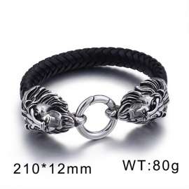 Oxidized Cast Lion Head Stretch Buckle Leather Men's Bracelet