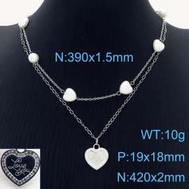 420&390mm Women Stainless Steel&Shell Links Double-Chain Necklace with Zircons Romantic Love Heart Pendant
