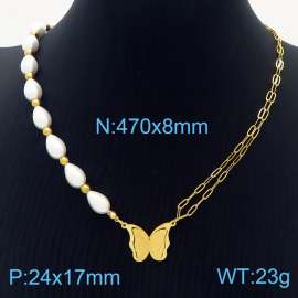 470mm Women Stainless Steel&Shell Links Necklace with Vivid Butterfly Pendant