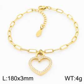 Stainless steel 180X3mm link chain with hollow love heart crystal charm fashional gold bracelet