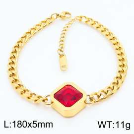 Stainless steel 180X5mm cuban chain with red stone charm fashional gold bracelet
