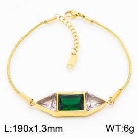 Stainless steel 190X1.3mm snake chain with two transparent stone triangle square green stone charm fashional gold bracelet