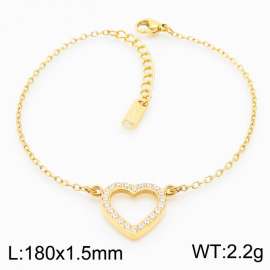 Stainless steel 180X1.5mm welding chain with hollow love heart crystal charm fashional gold bracelet