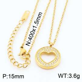 Stainless steel 400x1.5mm welding chain with hollow love heart crystal circle pendant trendy gold necklace