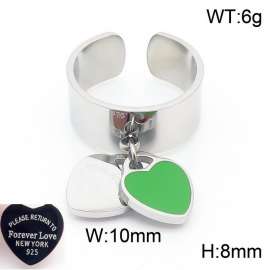 Stainless steel simple and fashionable C-shaped open silver ring with a silver green heart shaped pendant hanging in the middle