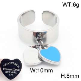 Stainless steel simple and fashionable C-shaped open silver ring with a silver blue heart shaped pendant hanging in the middle