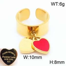 Stainless steel simple and fashionable C-shaped open gold ring with a gold and red heart shaped pendant hanging in the middle