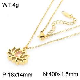 Stainless steel 400 ×  1.5mm welded chain hanging lotus shaped pink gemstone pendant fashionable gold necklace