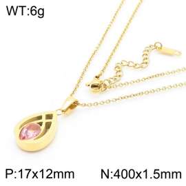 Stainless steel 400 × 1.5mm welded chain fashionable hollow water drop inlaid pink gemstone pendant charm gold necklace