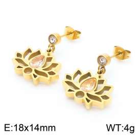 Stainless steel fashionable gilded earrings hanging hollow lotus shaped pink gemstone pendant