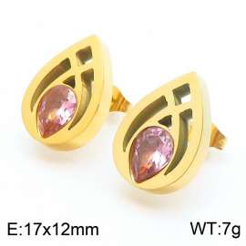 Stainless steel fashionable hollowed out water droplet shaped inlay with pink gemstone jewelry charm gold earrings