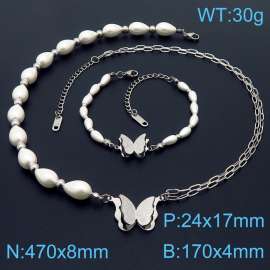 Stainless steel double layer O-chain splicing string pearl chain clip butterfly pendant temperament silver set