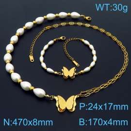 Stainless steel double layer O-chain splicing string pearl chain clip butterfly pendant temperament gold set