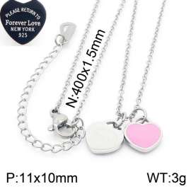 O-Chain Link Chain Stainless Steel Necklace With Pink Heart Shape Pendant Silver Color