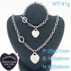 6MM O-Chain Link Chain Stainless Steel Necklace & Bracelet  With Heart Shape Pendant Silver Color
