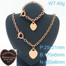 6MM O-Chain Link Chain Stainless Steel Necklace & Bracelet  With Heart Shape Pendant Rose Gold Color