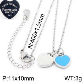 O-Chain Link Chain Stainless Steel Necklace With Blue Heart Shape Pendant Silver Color