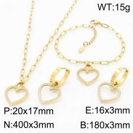 Fashionable stainless steel hollow heart shaped diamond pendant charm jewelry 3-piece gold set