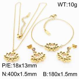 Fashionable stainless steel lotus shaped inlaid transparent brick pendant charm jewelry 3-piece gold set