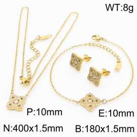 Fashionable stainless steel inlaid diamond flower pendant jewelry charm 3-piece gold set
