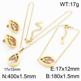 Fashionable stainless steel hollowed out droplet shaped inlay with pink transparent diamond pendant charm 3-piece gold set