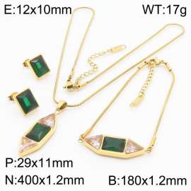 Fashionable stainless steel Hexagonal prism inlaid with triangular transparent diamond and square green gem jewelry pendant charm 3-piece gold set