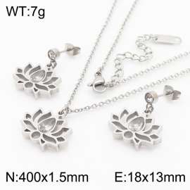 Fashionable stainless steel lotus shaped inlaid transparent brick pendant charm jewelry 2-piece silver set