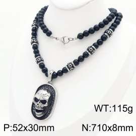 710mm Men Punk Stainless Steel Beaded Necklace with Skull Tag Pendant