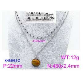 450mm Women Stainless Steel&Black Stone Double Style Chain Necklace with Yellow&Brown Round Pendant