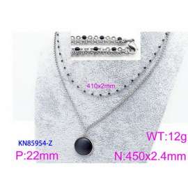 450mm Women Stainless Steel&Black Stone Double Style Chain Necklace with Black Round Blank Pendant