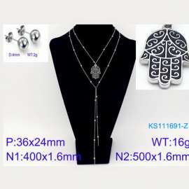 Women Stainless Steel 500mm Necklace&Earrings Jewelry Set with Black Fatima Hand Pendant