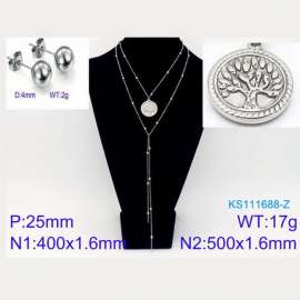 Women Stainless Steel 500mm Necklace&Earrings Jewelry Set with Spring Tree Tag Pendant