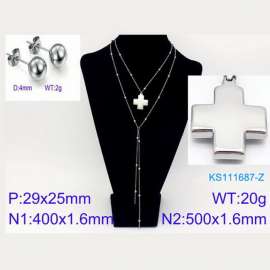 Women Stainless Steel 500mm Necklace&Earrings Jewelry Set with Square Christian Cross Pendant