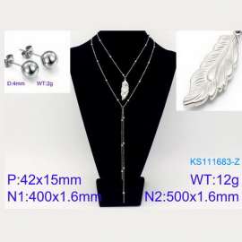 Women Stainless Steel 500mm Necklace&Earrings Jewelry Set with Vivid Leaf Pendant