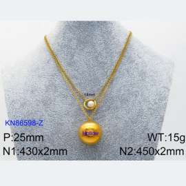 450mm Women Gold-Plated Stainless Steel Double Chain Necklace with Hollow Ball&Pearl Pendants