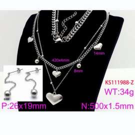 Women Stainless Steel 450mm Necklace&Earrings Jewelry Set with Solid Love Heart Charms