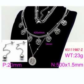 Women Stainless Steel 450mm Necklace&Earrings Jewelry Set with Rose Charms