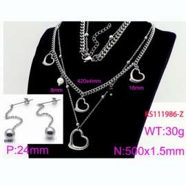Women Stainless Steel 450mm Necklace&Earrings Jewelry Set with Cute Love Heart Charms