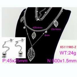 Women Stainless Steel 450mm Necklace&Earrings Jewelry Set with Vivid Leaf Charms